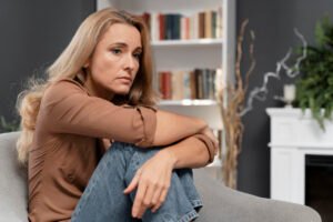 Zmartwiona kobieta na kanapie. Niekorzystne nawyki psychiczne - jak się od nich uwolnić?