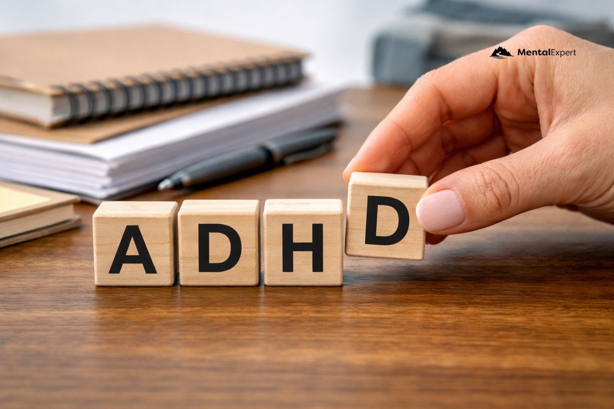 Kobieca ręka układa klocki z napisem ADHD - Test na ADHD dla dorosłych - diagnoza czy etykieta?